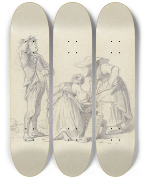 Triptych art skateboard deck of Arthur Von Ramberg Drei Feldarbeiter Um Einen Korb by Arthur Von Ramberg (1819-1875)
