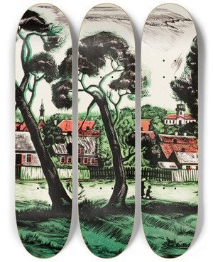 Triptych art skateboard deck of Ella Mtik Tartu Relinna Vaade by Ella Matik (1904-1943)