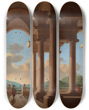 Triptych art skateboard deck of Danil De Blieck Terrace With A Colonnade Architectural Study by Daniel De Blieck (1610-1673)