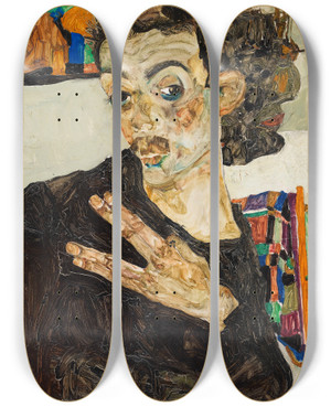 Triptych art skateboard deck of Egon Schiele Selbstbildnis_1 by Egon Schiele (1890-1918)