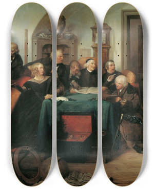 Triptych art skateboard deck of Josef Danhauser Die Testamentserffnung by Josef Danhauser (1805-1845)