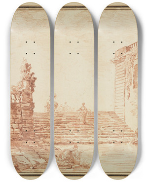 Triptych art skateboard deck of Hubert Robert Freitreppe Mit Brunnen Und Wscherinnen by Hubert Robert (1733-1808)