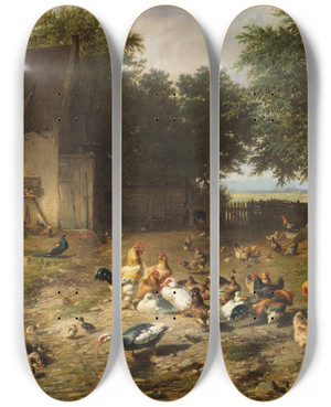 Triptych art skateboard deck of Carl Jutz The Elder Sommerlicher Hhnerhof by Carl Jutz The Elder (1838-1916)