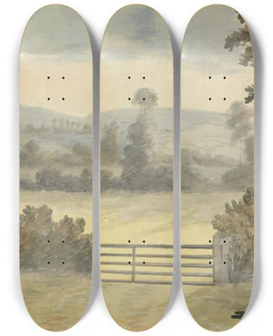 Triptych art skateboard deck of Edward Francis Burney Landscape With Pasture Gate by Edward Francis Burney (1760-1848)