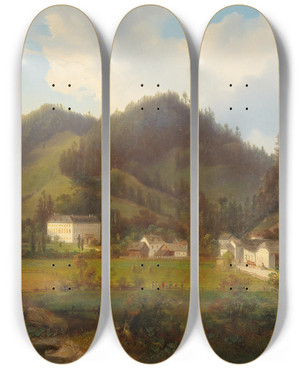 Triptych art skateboard deck of Carl Hasch Blick Auf Schloss Gutenstein by Carl Hasch (1834-1897)