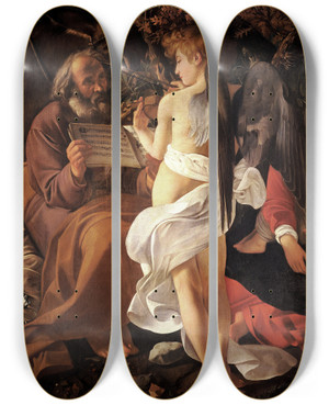 Triptych art skateboard deck of Caravaggio Rest On The Flight Into Egypt by Caravaggio (1571-1610)