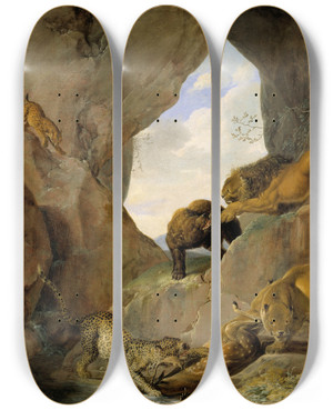 Triptych art skateboard deck of Carl Borromus Andreas Ruthart Wild Animals In A Mountain Gorge by Carl Borromaus Andreas Ruthart (1630-1703)