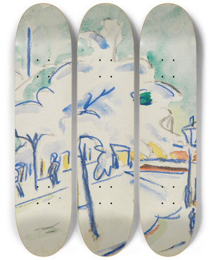 Triptych art skateboard deck of Ernst Ludwig Kirchner Uferstrom Mit Bumen Dresden by Ernst Ludwig Kirchner (1880-1938)