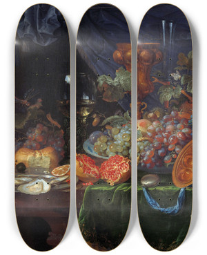 Triptych art skateboard deck of Abraham Mignon Still Life With Fruit And Oysters by Abraham Mignon (1640-1679)