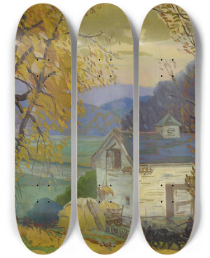 Triptych art skateboard deck of Carl R Krafft White Barn by Carl R. Krafft