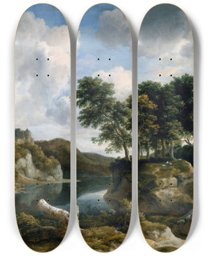 Triptych art skateboard deck of Jacob Van Ruisdael River Landscape With A Castle On A High Cliff by Jacob Van Ruisdael (1628-1682)