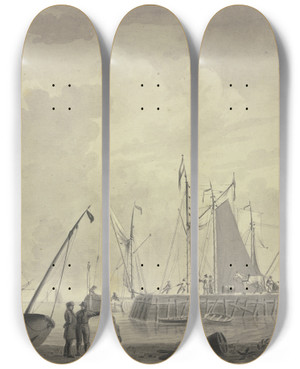 Triptych art skateboard deck of Cornelis Thim An Einem Damm Ziehen Matrosen Ein Schiff Vorbei by Cornelis Thim (1755-1813)