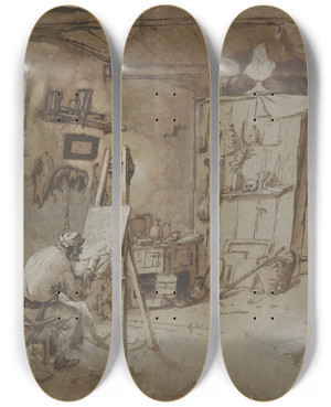 Triptych art skateboard deck of Thomas Wijck A Painter At Work In His Studio by Thomas Wijck (1616-1677)