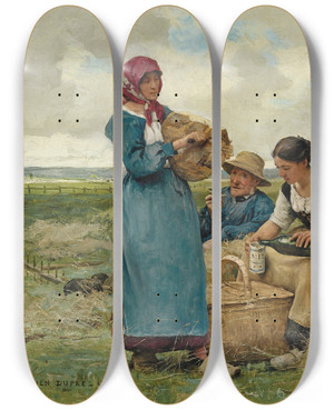 Triptych art skateboard deck of Julien Dupr Lheure De Djeuner by Julien Dupre (1851-1910)