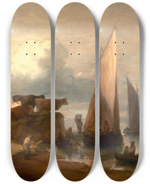 Triptych art skateboard deck of Thomas Gainsborough A Coastal Landscape by Thomas Gainsborough (1727-1788)