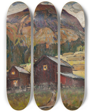 Triptych art skateboard deck of Anna Boberg Summer Landscape With Shielings Study From North Norway by Anna Boberg (1864-1935)
