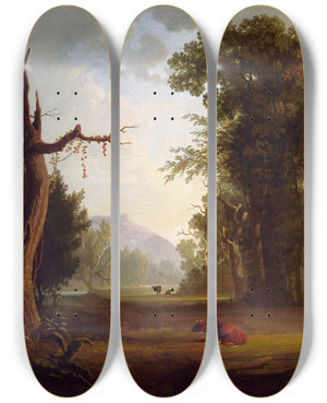 Triptych art skateboard deck of George Caleb Bingham Landscape With Cattle by George Caleb Bingham (1811-1879)