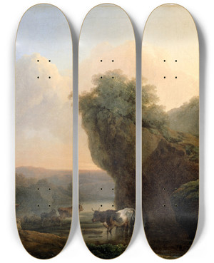 Triptych art skateboard deck of Philip James De Loutherbourg Landscape With Cattle by Philip James De Loutherbourg (1740-1812)