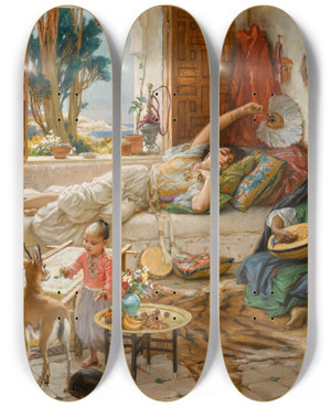 Triptych art skateboard deck of Frederick Arthur Bridgman Afternoon Rest Algiers by Frederick Arthur Bridgman (1847-1928)