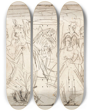 Triptych art skateboard deck of Ernst Ludwig Kirchner Bauerntanz In Der Sennhtte by Ernst Ludwig Kirchner (1880-1938)