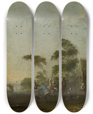 Triptych art skateboard deck of Norbert Joseph Carl Grund Merrymaking In The Countryside by Norbert Joseph Carl Grund (1717-1767)