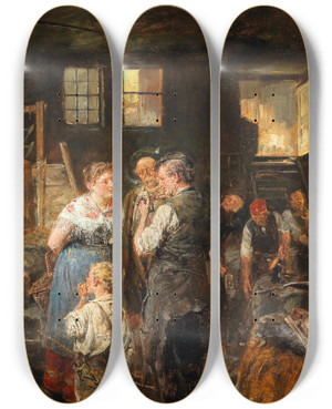 Triptych art skateboard deck of Carl Wilhelm Anton Seiler In The Smithy by Carl Wilhelm Anton Seiler (1846-1921)