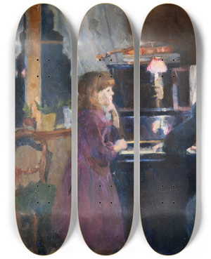 Triptych art skateboard deck of Harriet Backer Big Brother Playing by Harriet Backer (1845-1932)