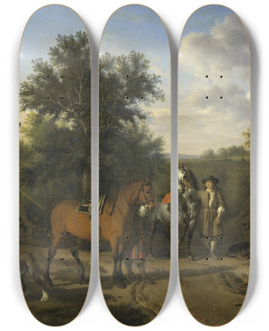 Triptych art skateboard deck of Esaias Van De Velde The Hunting Party by Esaias van de Velde (1587-1630)
