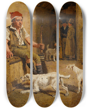 Triptych art skateboard deck of Lambert Marshall An Interior Scene With A Servant And Parson Jack Russell Hunt Terriers by Lambert Marshall (1810-1870)