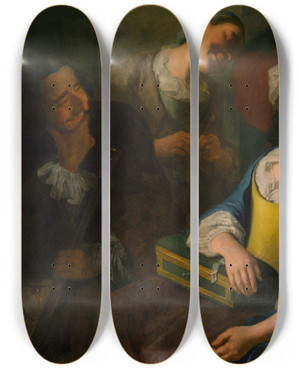 Triptych art skateboard deck of Gaspare Traversi Teasing A Sleeping Girl by Gaspare Traversi (1722-1770)