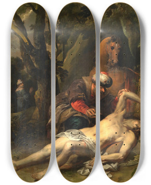 Triptych art skateboard deck of Balthasar Van Cortbemde The Good Samaritan by Balthasar Van Cortbemde