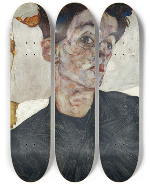 Triptych art skateboard deck of Egon Schiele Selfportrait With Physalis by Egon Schiele (1890-1918)