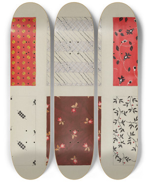 Triptych art skateboard deck of Dorothy Posten Materials From Quilt_10 by Dorothy Posten