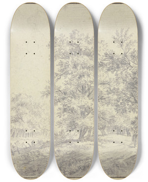 Triptych art skateboard deck of Philippine Schtz Waldweg Mit Einem Wanderer Links Eine Lichtung by Philippine Schutz