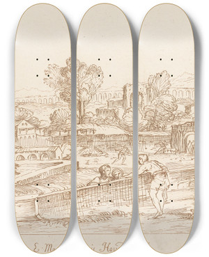 Triptych art skateboard deck of George Knapton Pastoral Scene 2 by George Knapton (1698-1778)