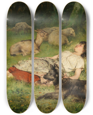 Triptych art skateboard deck of Variste Carpentier Sleeping Shepherdess by Evariste Carpentier (1845-1922)