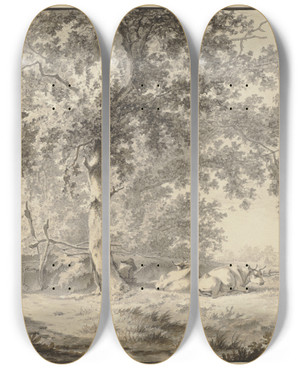 Triptych art skateboard deck of Jan Hulswit Unter Einer Eiche An Einem Zaun Ein Hirte Mit Zwei Khen by Jan Hulswit (1766-1822)