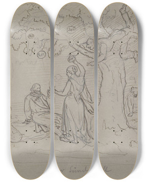 Triptych art skateboard deck of Adolph Tidemand Syndefallet by Adolph Tidemand (1814-1876)