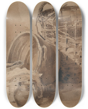 Triptych art skateboard deck of Peter Dewint Still Life With Baskets And Pottery by Peter Dewint (1784-1849)