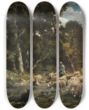 Triptych art skateboard deck of Charles Emile Jacque The Flock by Charles Emile Jacque (1813-1894)