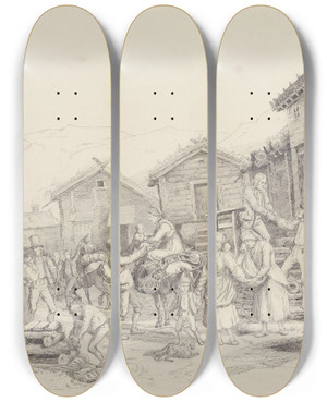 Triptych art skateboard deck of Adolph Tidemand Utvandring by Adolph Tidemand (1814-1876)