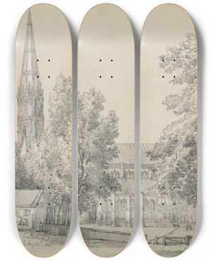 Triptych art skateboard deck of David Charles Read A View Of Salisbury Cathedral by David Charles Read (7901)