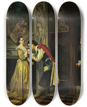 Triptych art skateboard deck of Frans Moormans The Courtship by Frans Moormans (1832-1893)