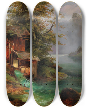 Triptych art skateboard deck of Franz Steinfeld Mill On Lake Hallstatt by Franz Steinfeld (1787-1868)