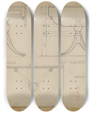 Triptych art skateboard deck of Arthur Johnson Drop Leaf Pedestal Table by Arthur Johnson