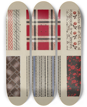 Triptych art skateboard deck of Dorothy Posten Materials From Quilt_2 by Dorothy Posten