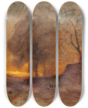 Triptych art skateboard deck of Franoisauguste Ravier Landscape At Dusk by Franois-Auguste Ravier (1814-1895)
