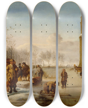 Triptych art skateboard deck of Ida Silfverberg Ice Skaters by Ida Silfverberg (1834-1899)