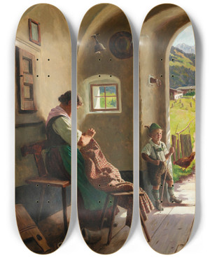 Triptych art skateboard deck of Emil Rau A Summers Day In Tyrol by Emil Rau (1858-1937)