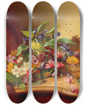 Triptych art skateboard deck of Adele Schuster Flower Piece With Parrot by Adele Schuster (19-)